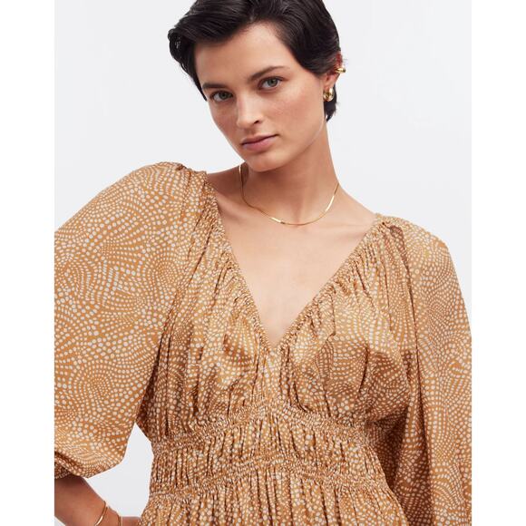 Madewell V Neck Balloon Sleeve Maxi Dress Spiral Dot Tan Smocked Boho US 00 NWT - Picture 5 of 16